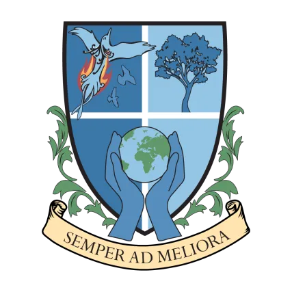 Lauder coat of arms, featuring a background split vertically between a darker and lighter blue; overall a narrow white cross divides it into quarters. The upper left quarter contains a blue phoenix beginning to burst into flames; in the upper right is a tree in dark blue. The bottom half features a pair of blue hands holding a globe, with Africa and Europe centered; the edges of the Americas are just visible on the left side of the globe.  The banner below bears the House motto: "Semper ad meliora."
