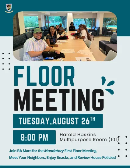 Photo of people and large letters that say Floor Meeting