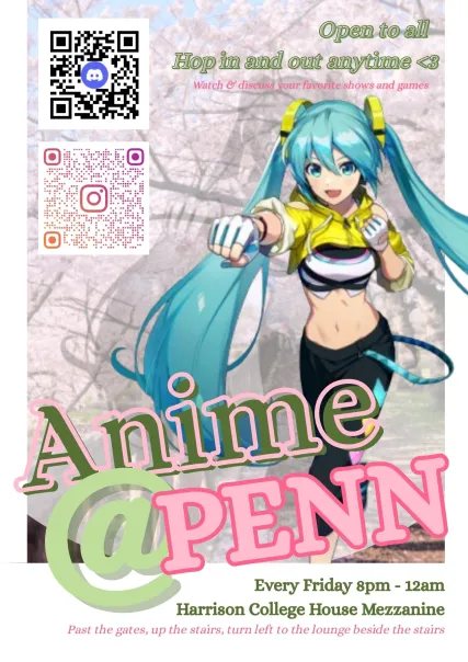 anime character with blue hair and the text anime @ penn on the bottom of the picture.