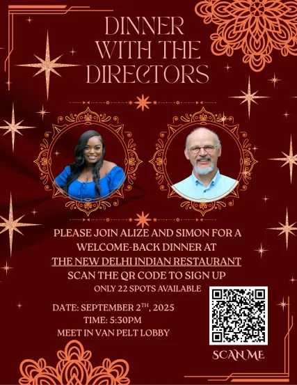 Please Join Alize and Simon for a welcome back dinner at the New Delhi Restaurant. Scan the QR Code to secure a spot!