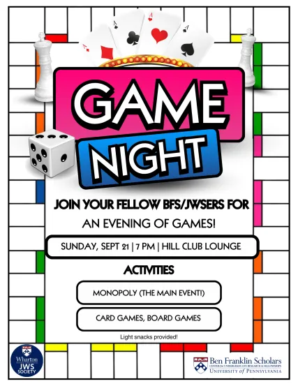 BFS/JWS Game Night 9/21 @7 Club Lounge