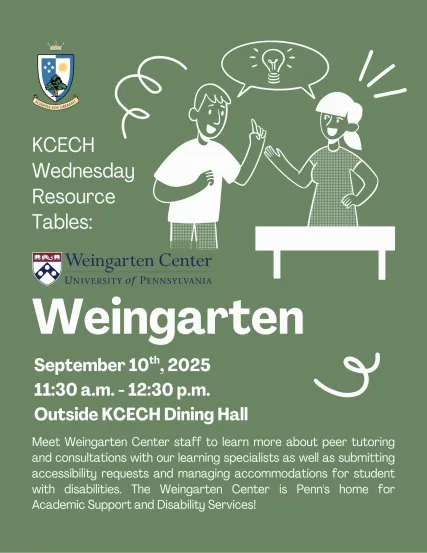 Green flyer with white text. A white lined, illustrated image of two people talking. 