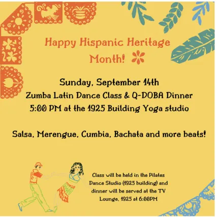 Happy Hispanic Heritage Month! Sunday, September 14th. Zumba Latin Dance Class- Q- DOBA Dinner