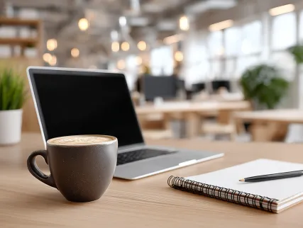 A laptop, notebook, and a cup of coffee