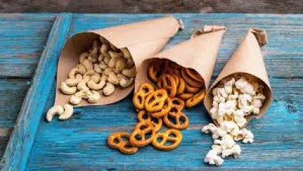 pretzels, popcorn, and nuts