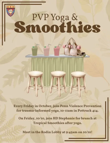 A beige and light green poster shows stools against a counter with three smoothies. Brown text describes the event.