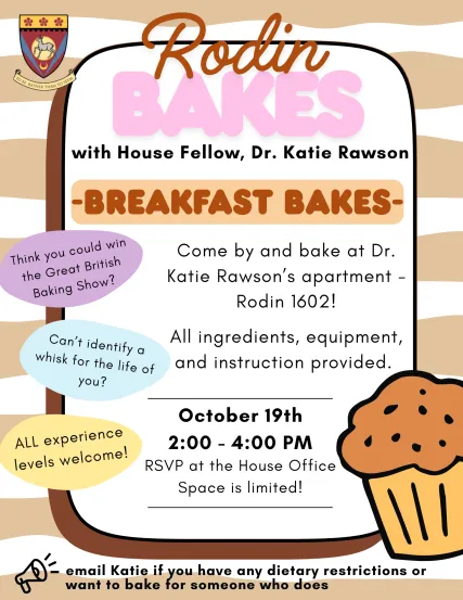 tan and white striped flyer for rodin bakes breakfast bakes with doctor katie rawson october 19 at 2pm rodin 1602