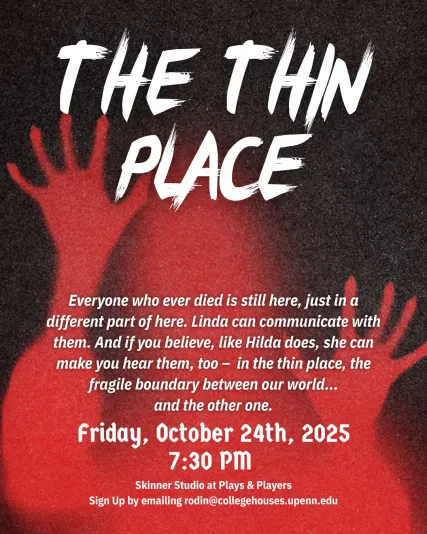 A red and black poster with a red ghostly figure and white text describes the event details