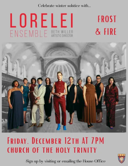 gray background red text line of women vocalists lorelei frost and fire
