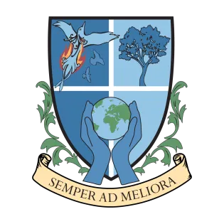 Lauder coat of arms, featuring a background split vertically between a darker and lighter blue; overall a narrow white cross divides it into quarters. The upper left quarter contains a blue phoenix beginning to burst into flames; in the upper right is a tree in dark blue. The bottom half features a pair of blue hands holding a globe, with Africa and Europe centered; the edges of the Americas are just visible on the left side of the globe.  The banner below bears the House motto: "Semper ad meliora."