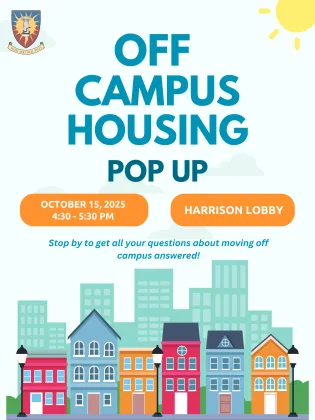 Text saying off campus housing pop-up with graphic designs of houses and a city landscape.