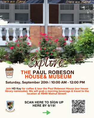 coffee cup and Paul robeson house, and qr code