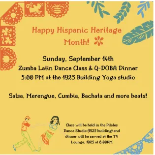 Happy Hispanic Heritage Month! Sunday, September 14th. Zumba Latin Dance Class- Q- DOBA Dinner