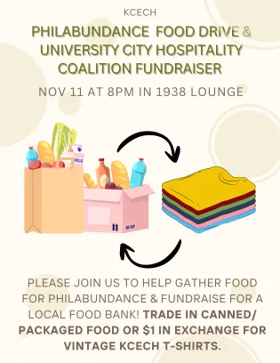 Tan flyer with brown text. Image of groceries swapping with shirts.