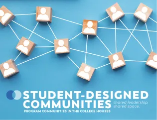 Building blocks with silhouettes of people connected by single white lines on a blue background, with the words Student-Designed Communities shared leadership shared space, Program Communities in the College Houses