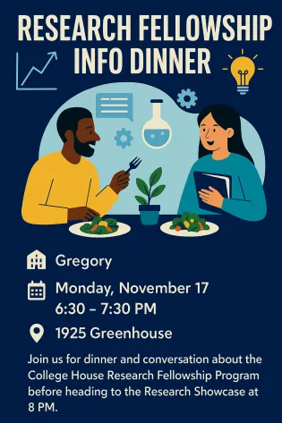 Flyer featuring two people eating dinner with information about research dinner. 