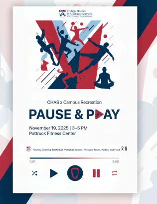 Poster for Penn’s “Pause & Play” event on Nov 19, 2025 at Pottruck Fitness Center featuring sports and activities.