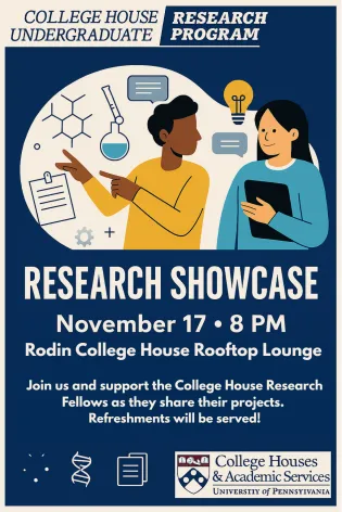 College House Undergraduate Research Program — Research Showcase, November 17 at 8 PM, Rodin College House Rooftop Lounge. Support student research fellows as they present their projects. Refreshments provided. Hosted by College Houses and Academic Services, University of Pennsylvania.