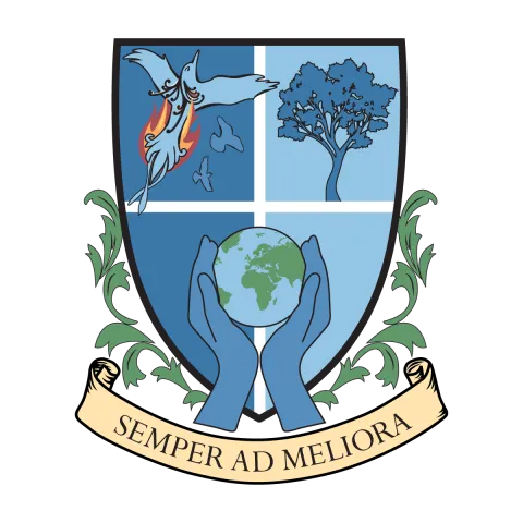 Lauder coat of arms, featuring a background split vertically between a darker and lighter blue; overall a narrow white cross divides it into quarters. The upper left quarter contains a blue phoenix beginning to burst into flames; in the upper right is a tree in dark blue. The bottom half features a pair of blue hands holding a globe, with Africa and Europe centered; the edges of the Americas are just visible on the left side of the globe. The banner below bears the House motto: "Semper ad meliora."
