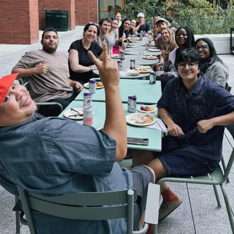 Gutmann residents eat together in the Gutmann Courtyard