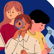 Three cartoon researchers look at a laptop and through a magnifying glass and microscope