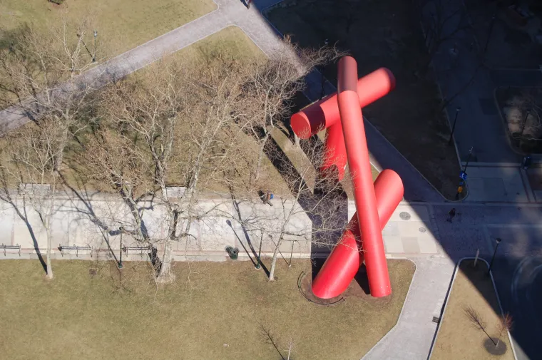 A view of the sculpture "Covenant" from a high-rise rooftop