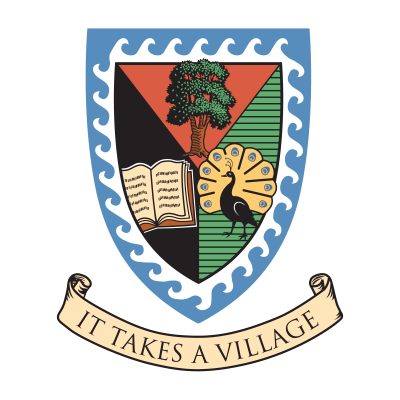 The crest of W.E.B. Du Bois College House, featuring a bordure of blue with white waves, and a background divided into three sections of red, white and black, clockwise from the top.  On the red section is a tree; on the green section is a peacock, and on the black section is an open book.  A ribbon underneath the crest bears the House motto: "It takes a village."